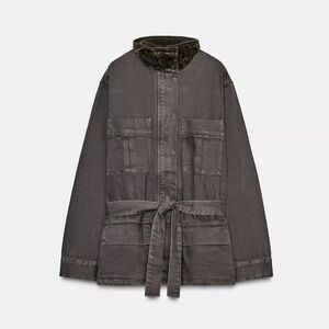 ZARA Corduroy Collar Denim Barn Jacket Brown Size L NWT